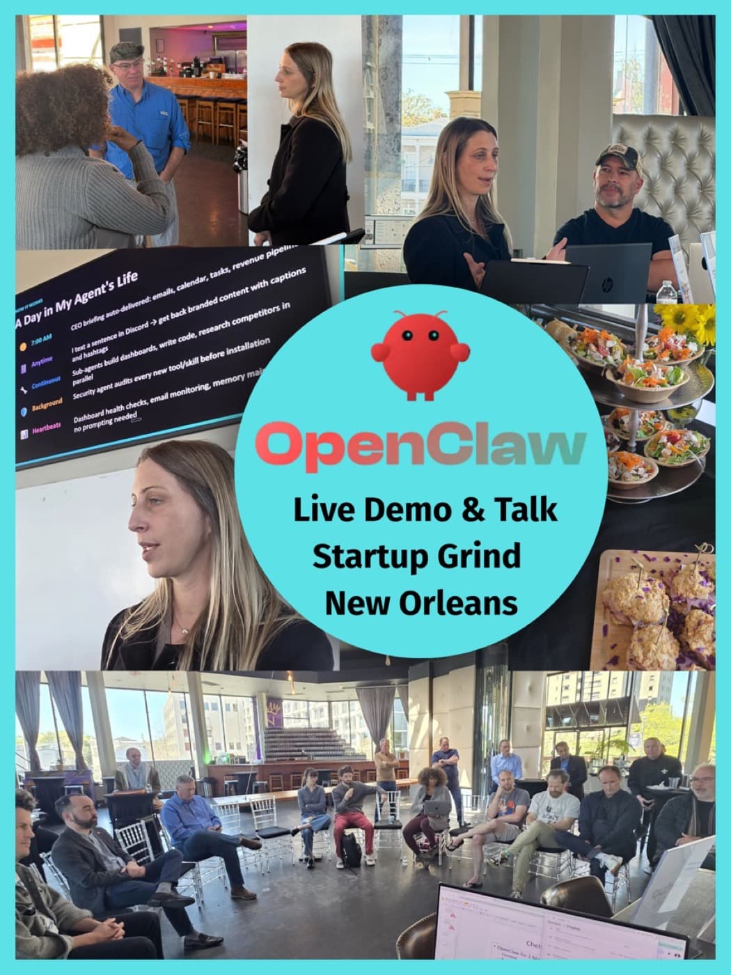 Chelsea Hulin presenting OpenClaw at Startup Grind New Orleans — collage of audience, presentation slides, and demo